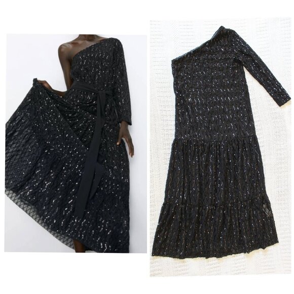 Zara Sequins Black Maxi Dress One Sleeve Tiered Size XS Sparkle maximalist - Picture 1 of 10